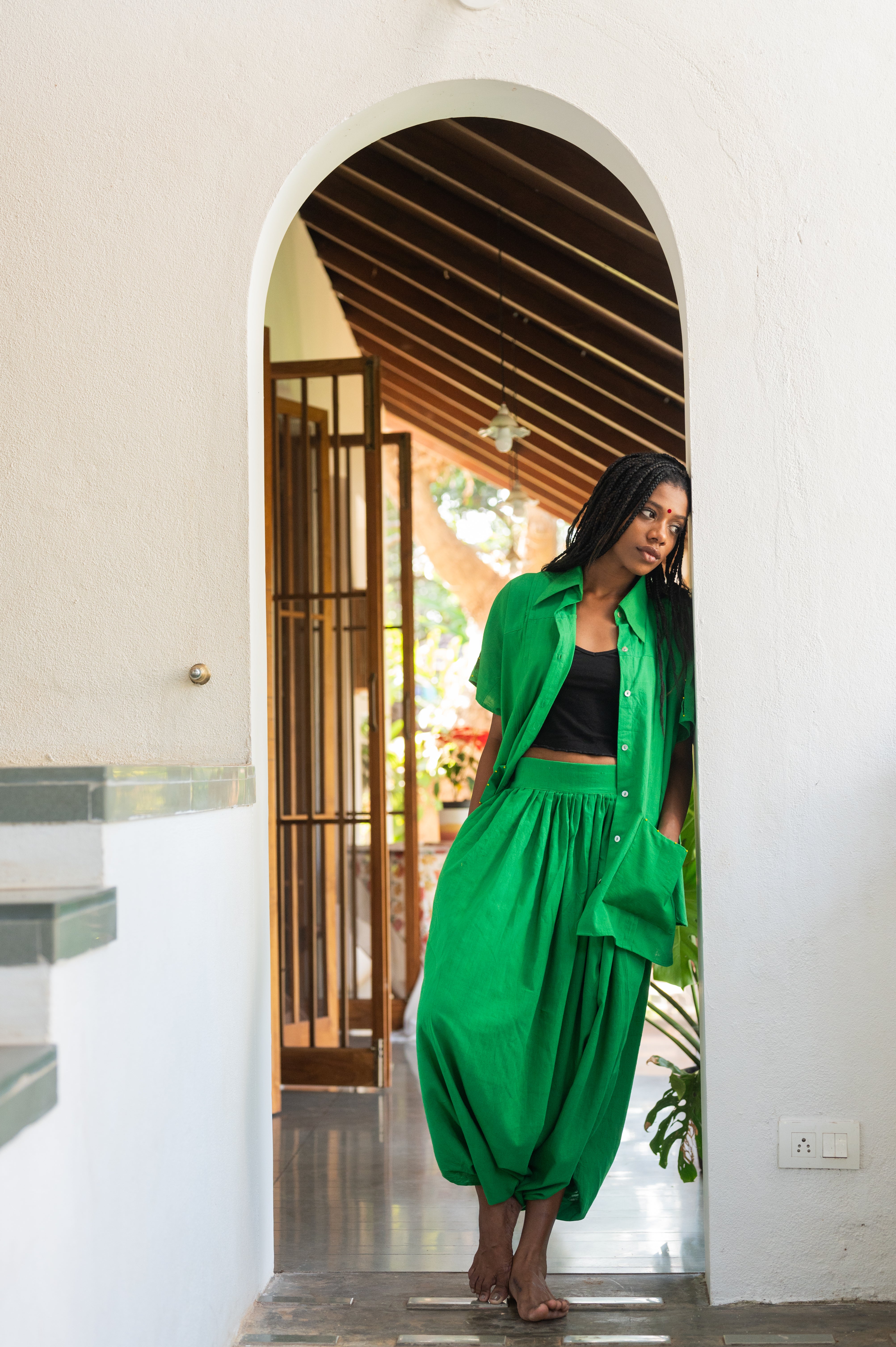 Set:Green Mul Kaftan Dhoti - Prathaa - weaving traditions