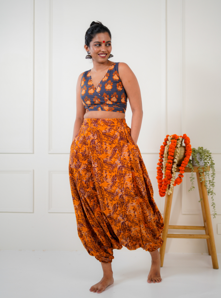 Reversible Wrap Around Blouse - Orange & Printed