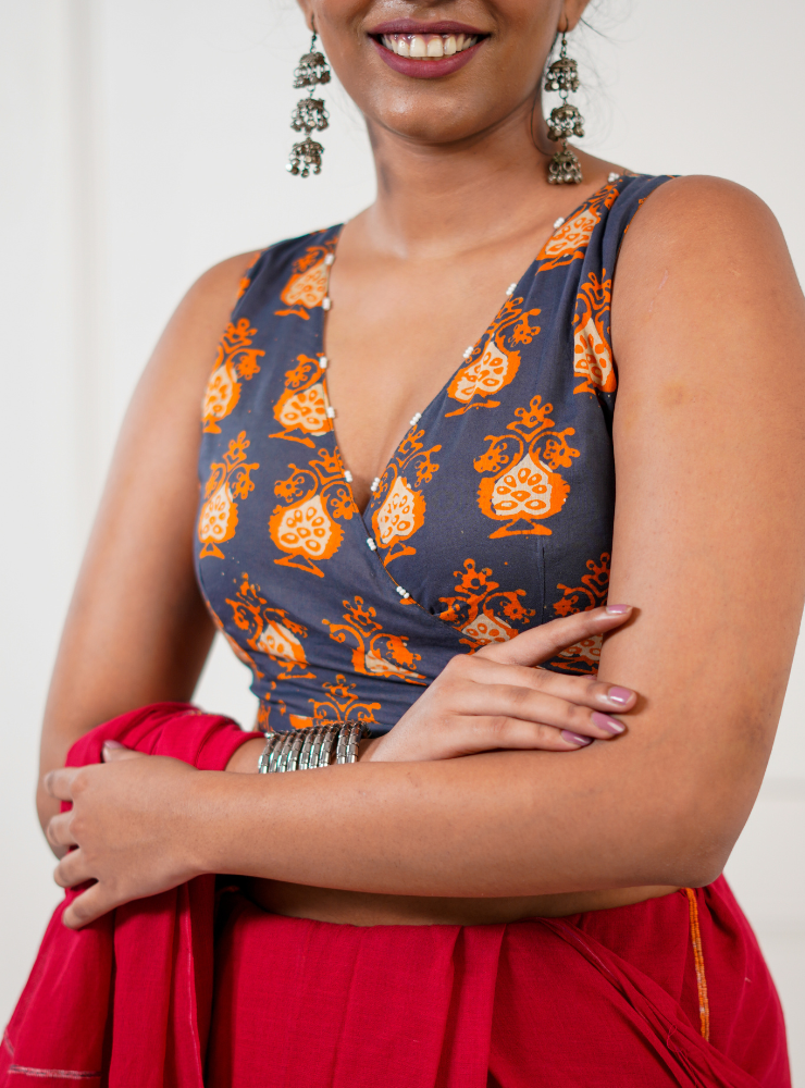 Reversible Wrap Around Blouse - Orange & Printed