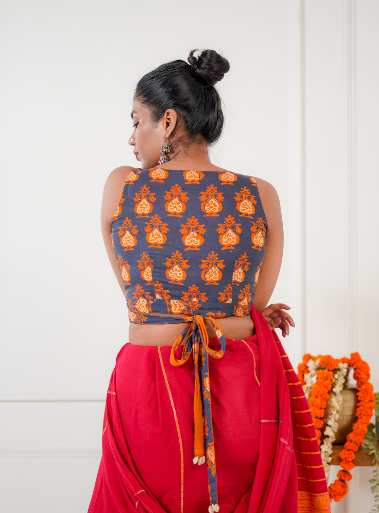 Reversible Wrap Around Blouse - Orange & Printed