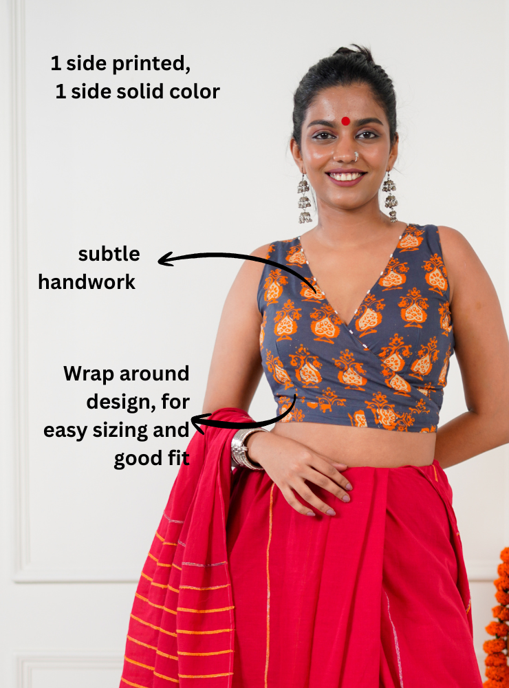 Reversible Wrap Around Blouse - Orange & Printed