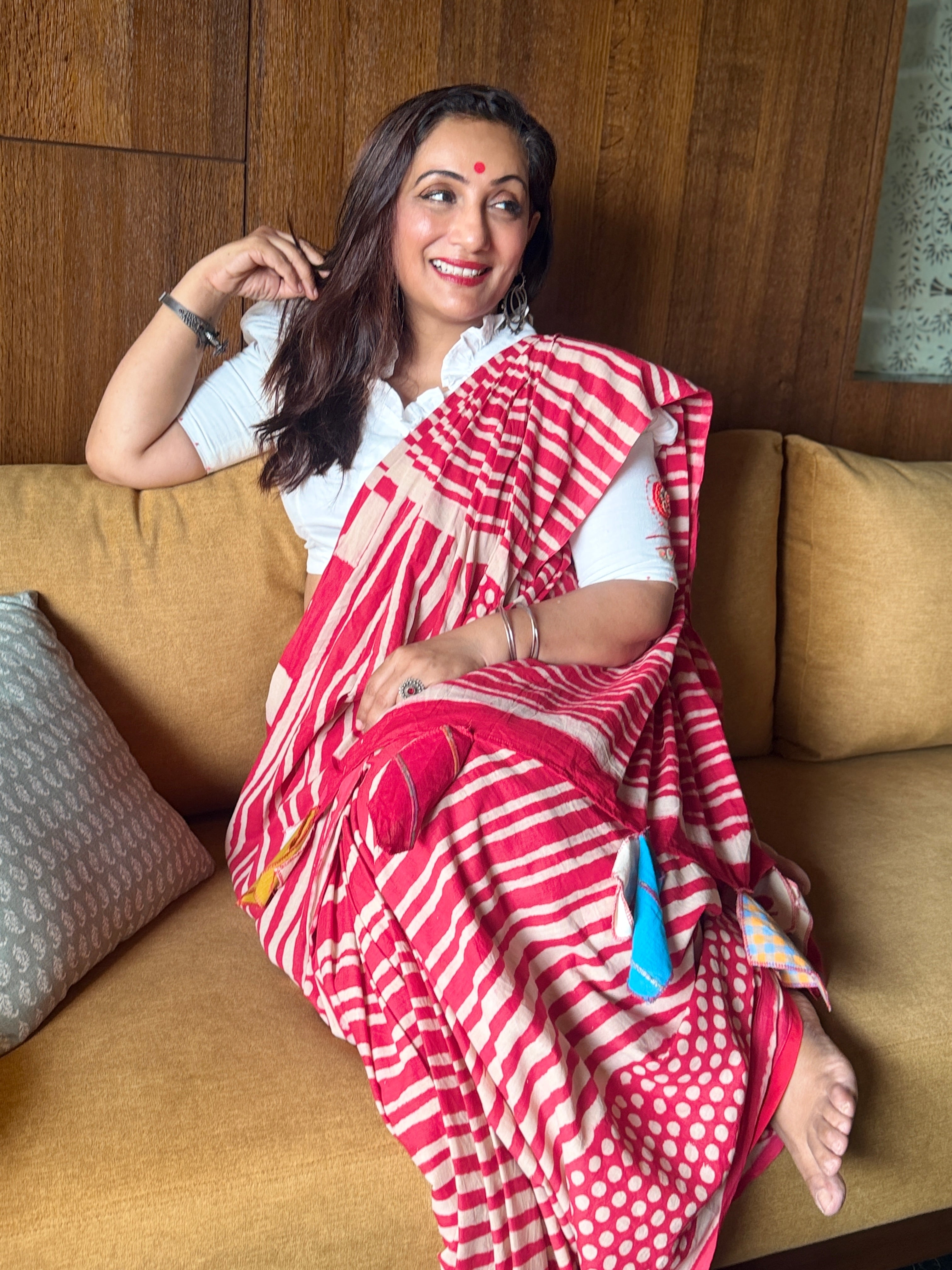 Fire Red Hand Block Print Handloom Cotton Agnika Saree