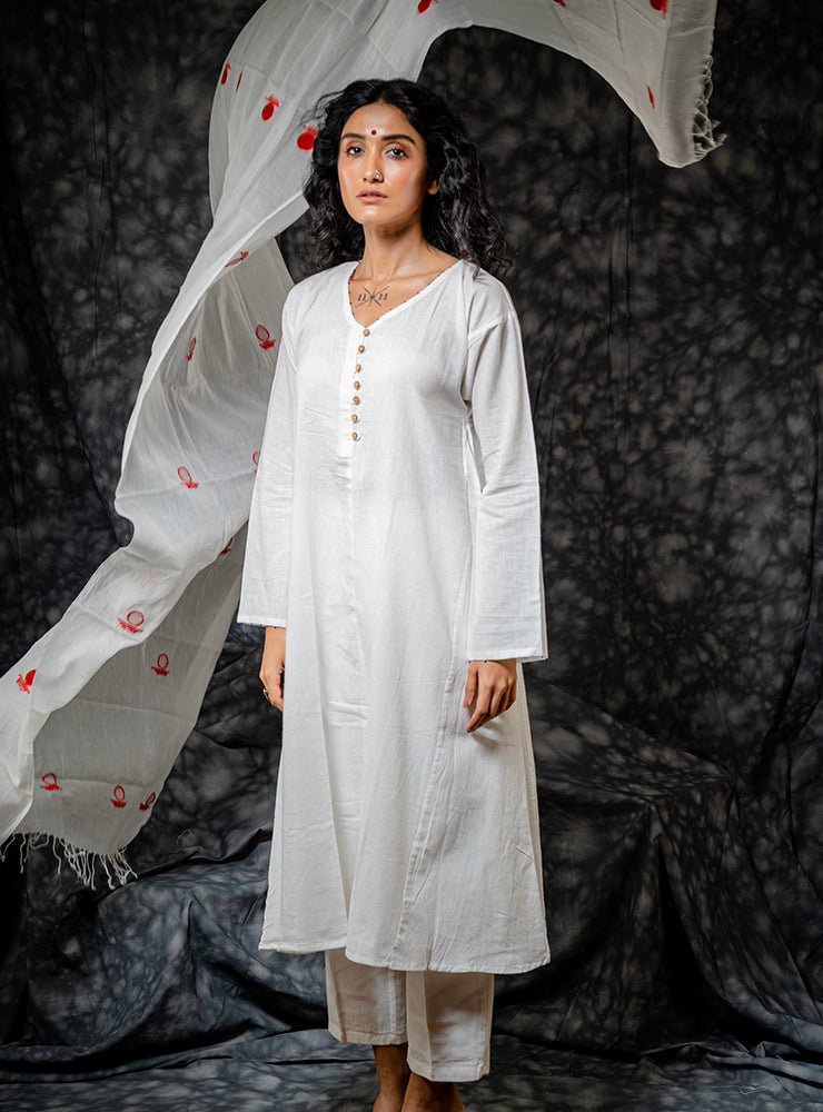 dress kurta ladies Classic White Handloom Cotton Kalidar Kurta