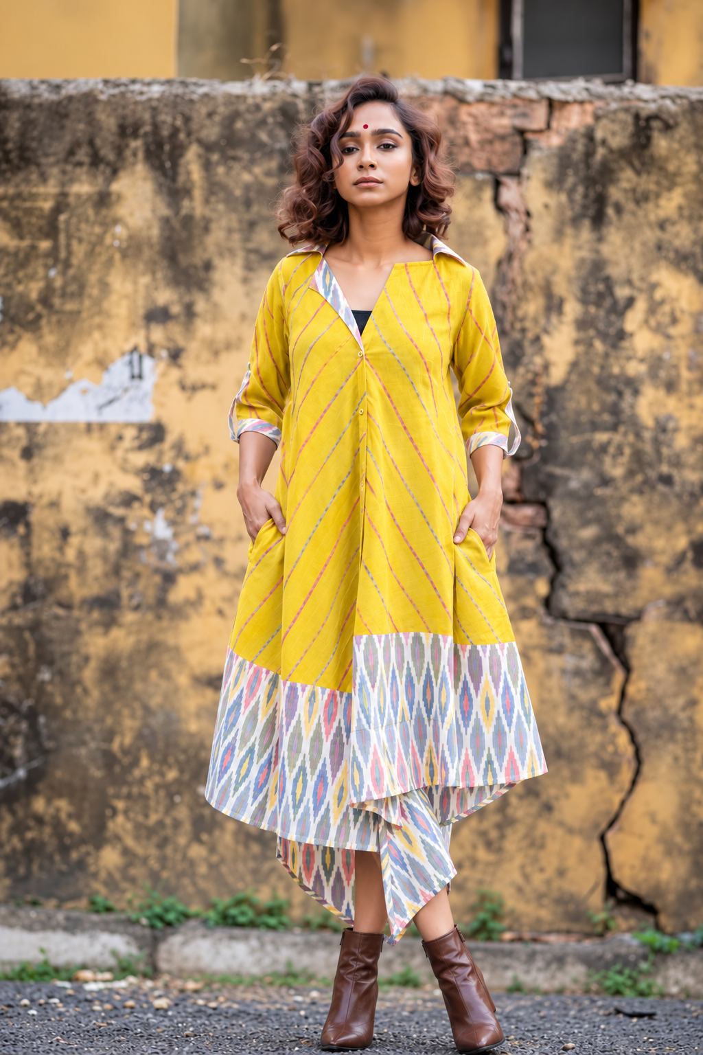 YEllow Khesh Cotton Euphoria Hiji Biji Shirt Dress