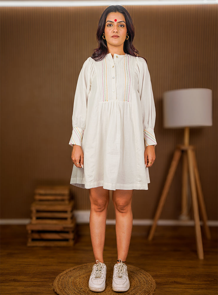 Pearl White Dress | Handloom Cotton Knee Length Summer Dress