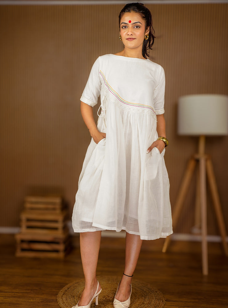 Handloom Cotton Angrakha Style Tara Dress with Lace Detailing