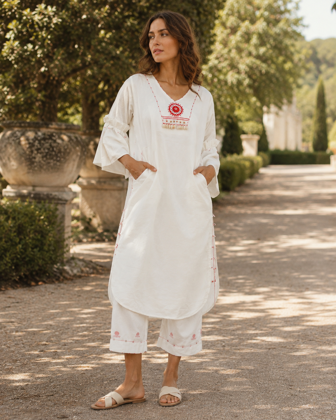 White Handloom Shvet Tunic and Flared Pants Set