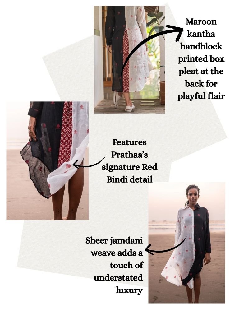 AASTEY : Black and White Jamdani Shirt Dress - Prathaa - weaving traditions
