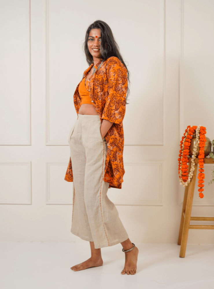 Beige Straight Pants - Prathaa - weaving traditions