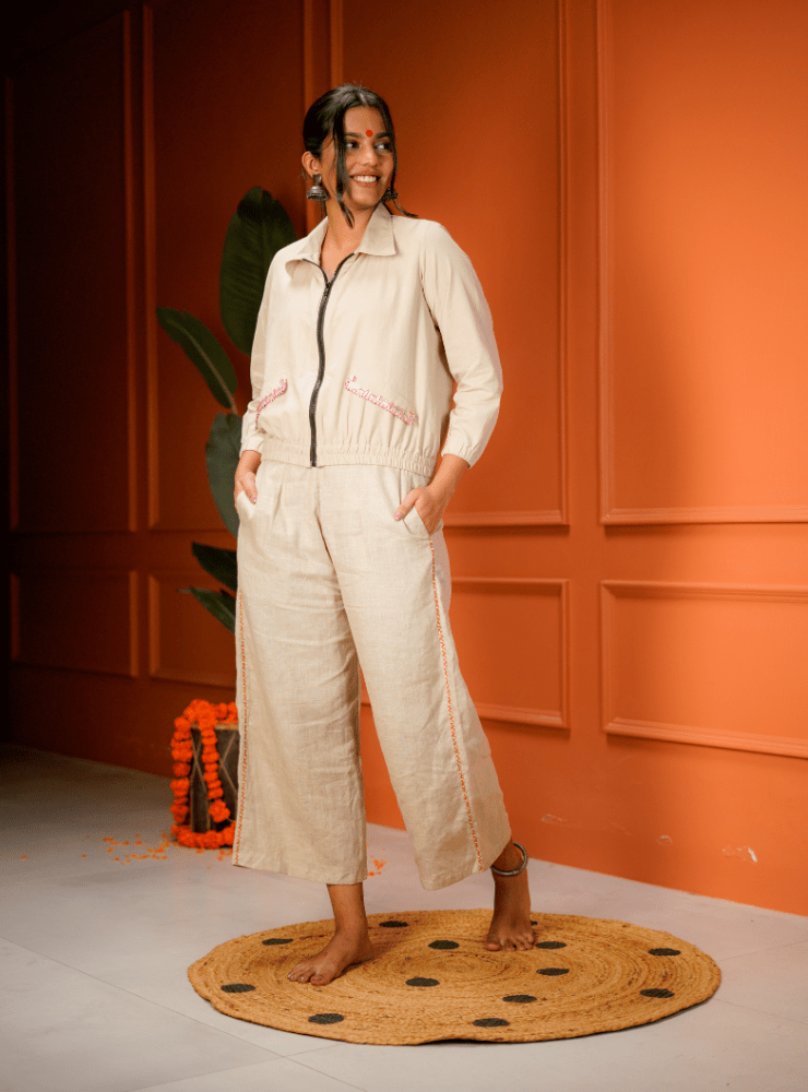 Beige Straight Pants - Prathaa - weaving traditions