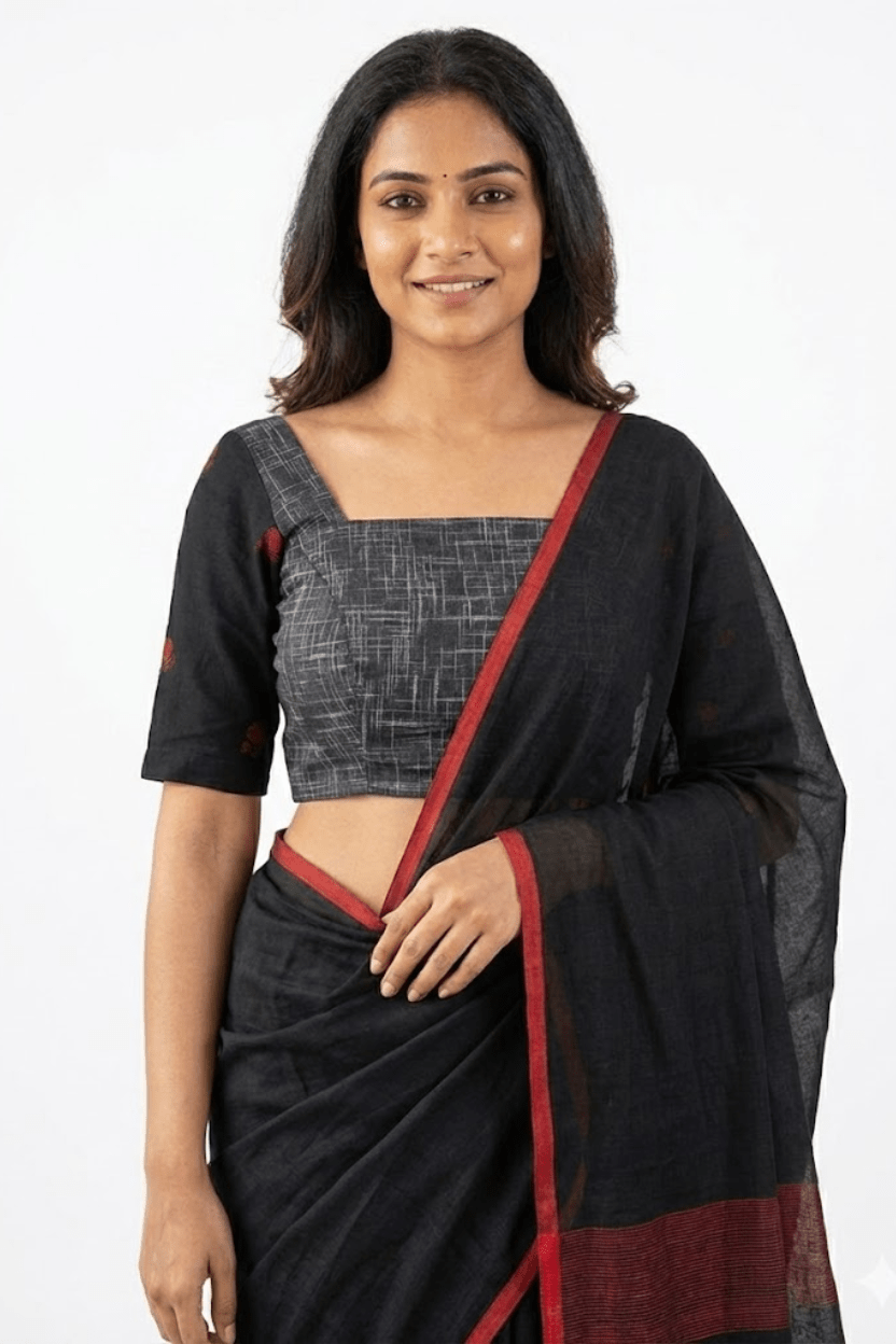 Black Handloom Jamdani Cotton Blouse - Prathaa - weaving traditions