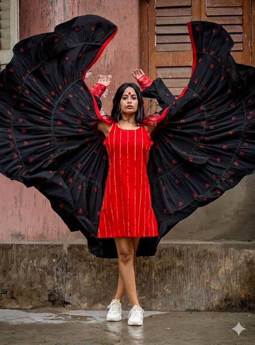 Black Jamdani Cotton Three Tier Flare Kaali Dress Set with Red Shift Dress - Prathaa-weaving traditions
