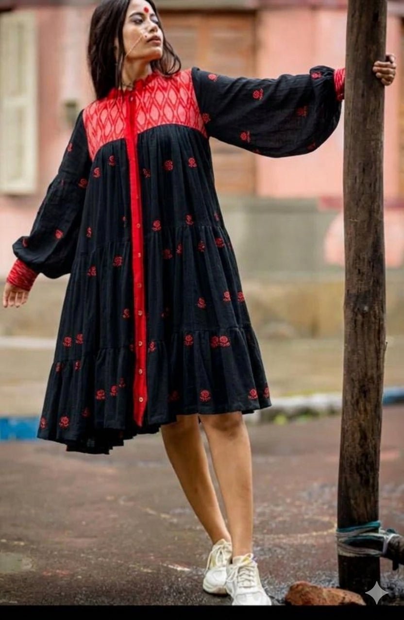 Black Jamdani Cotton Three Tier Flare Kaali Dress Set with Red Shift Dress - Prathaa-weaving traditions