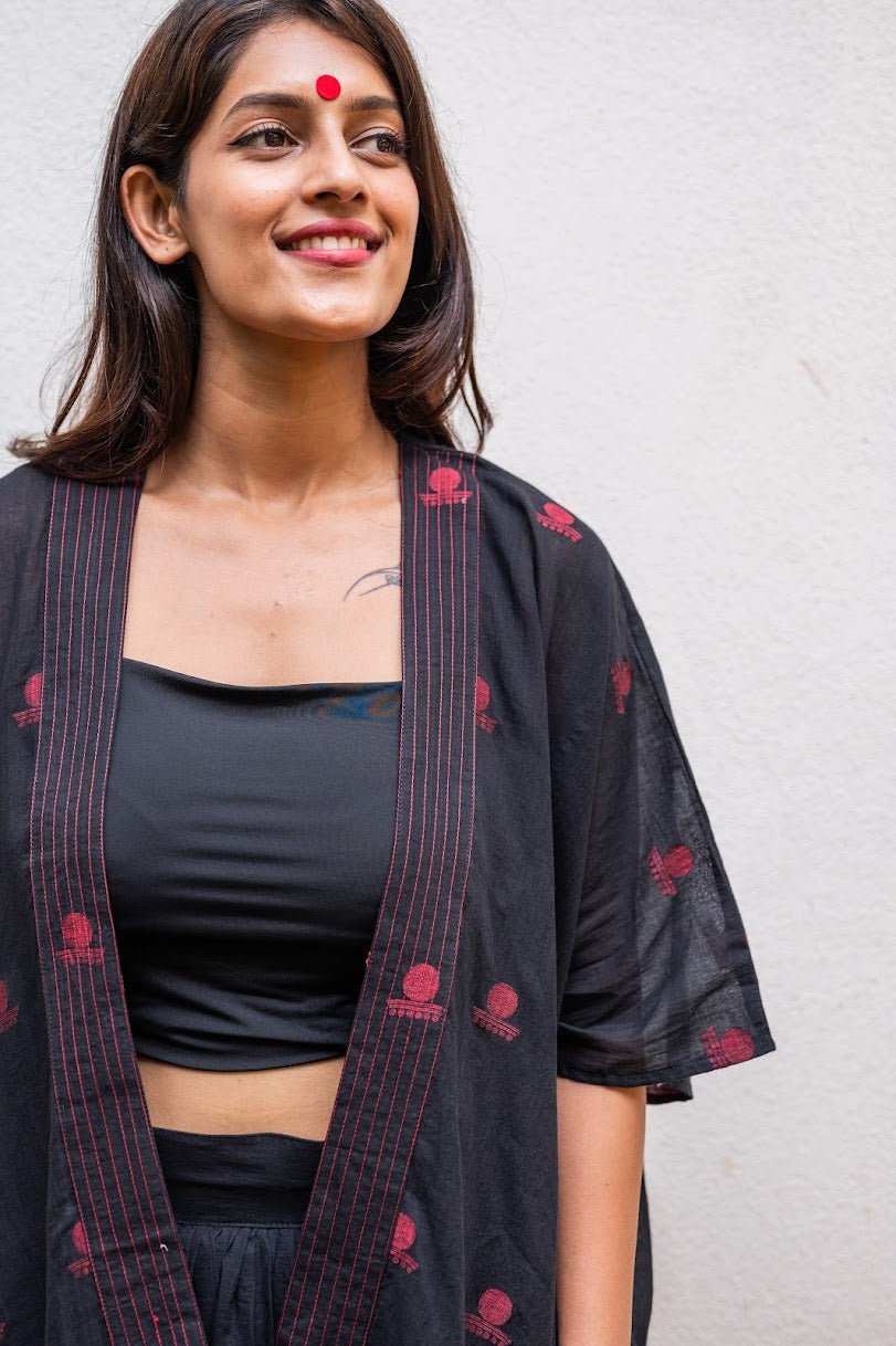 Black Jamdani High-low Jacket - Prathaa - weaving traditions