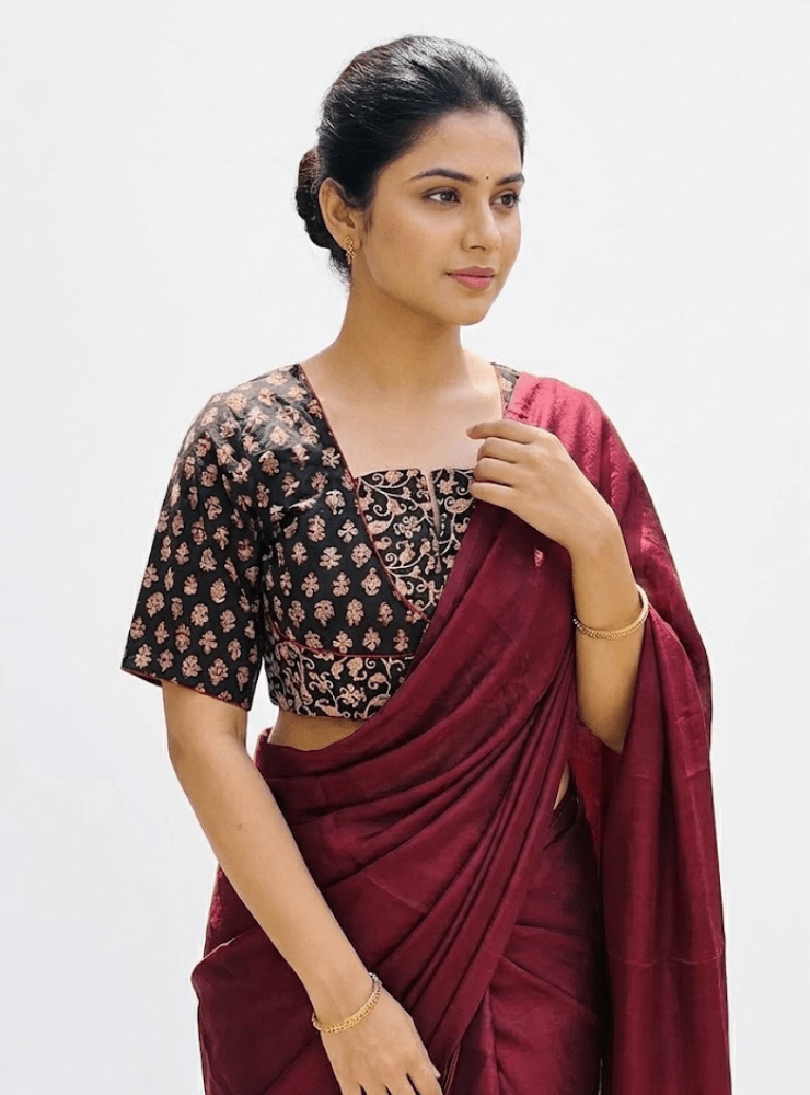 Black V - Neck Handloom Cotton Printed Blouse - Prathaa - weaving traditions