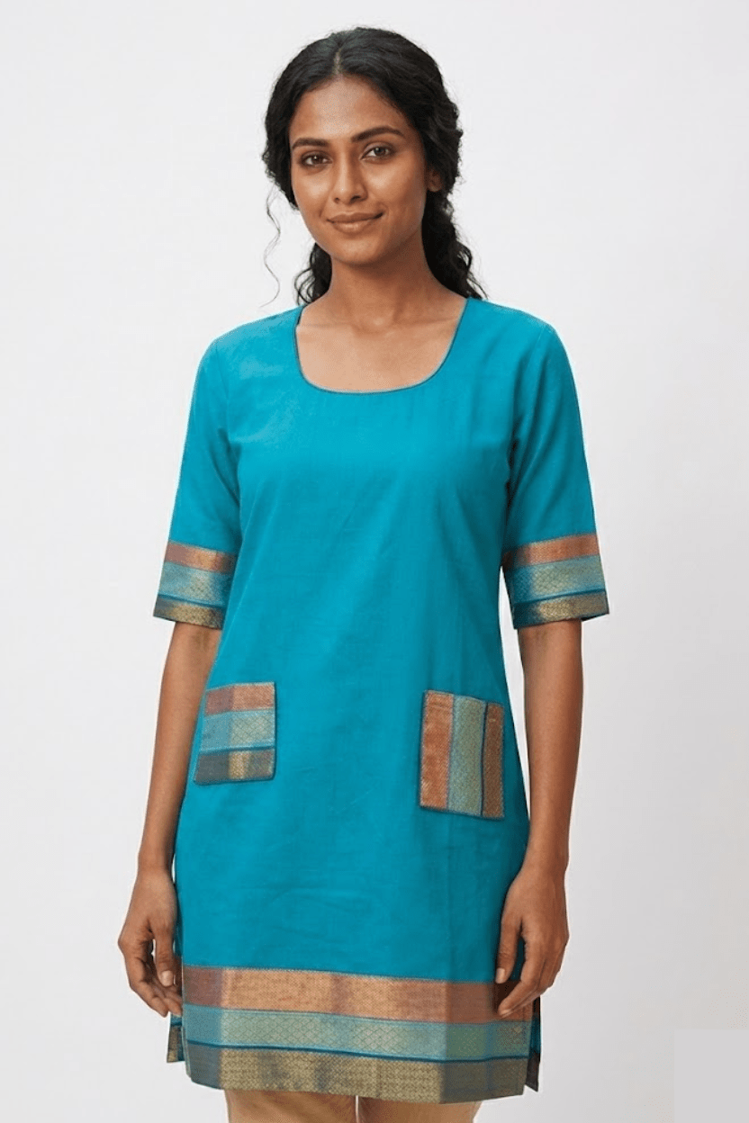 Blue Handloom Long Cotton Top with Patch Pocket - Prathaa - weaving traditions