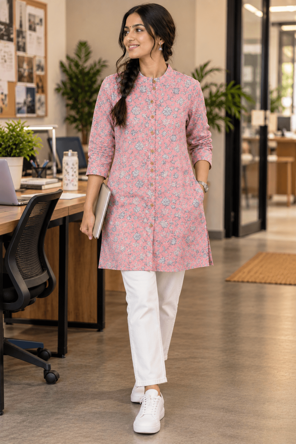 BRICK Block printed loose fit tunic Blue Rose - Prathaa-weaving traditions