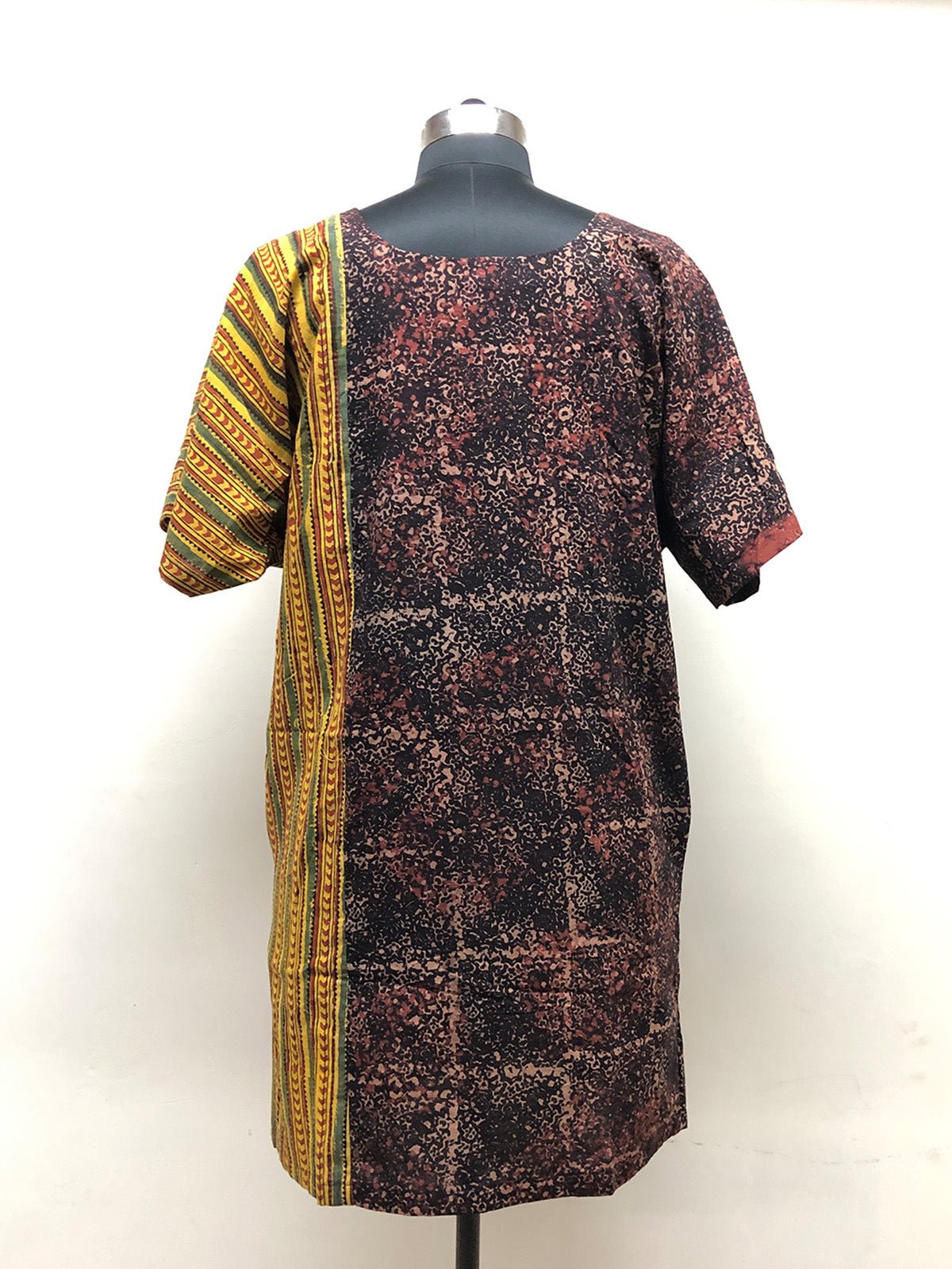 Brown and Mustard Half and Half Printed Dress - Prathaa - weaving traditions