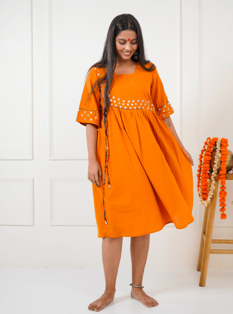 Burnt Orange Handloom Cotton Angrakha Tunic Dress | Everyday Comfort Wear |  Prathaa
