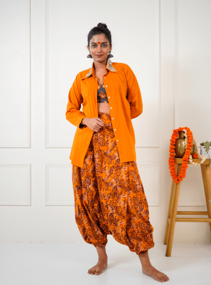Burnt Orange Shirt with Shell Button Collar - Prathaa - weaving traditions