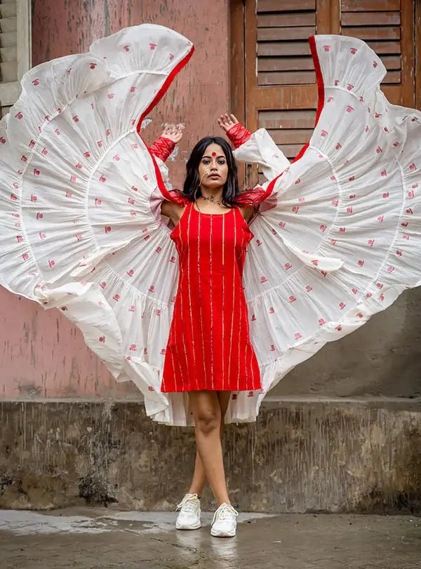Debi Dress - Jamdani Three Tier Flare Dress with Red Shift Dress - Prathaa - weaving traditions