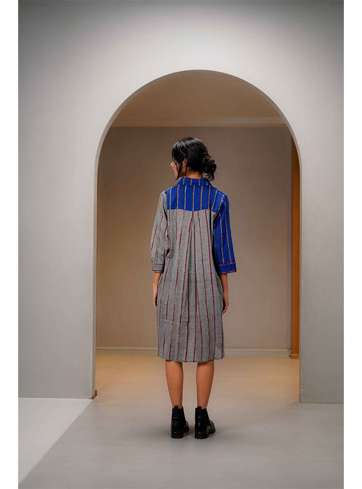 Grey and Blue Khesh Half - and - Half Shirt Dress - Prathaa - weaving traditions
