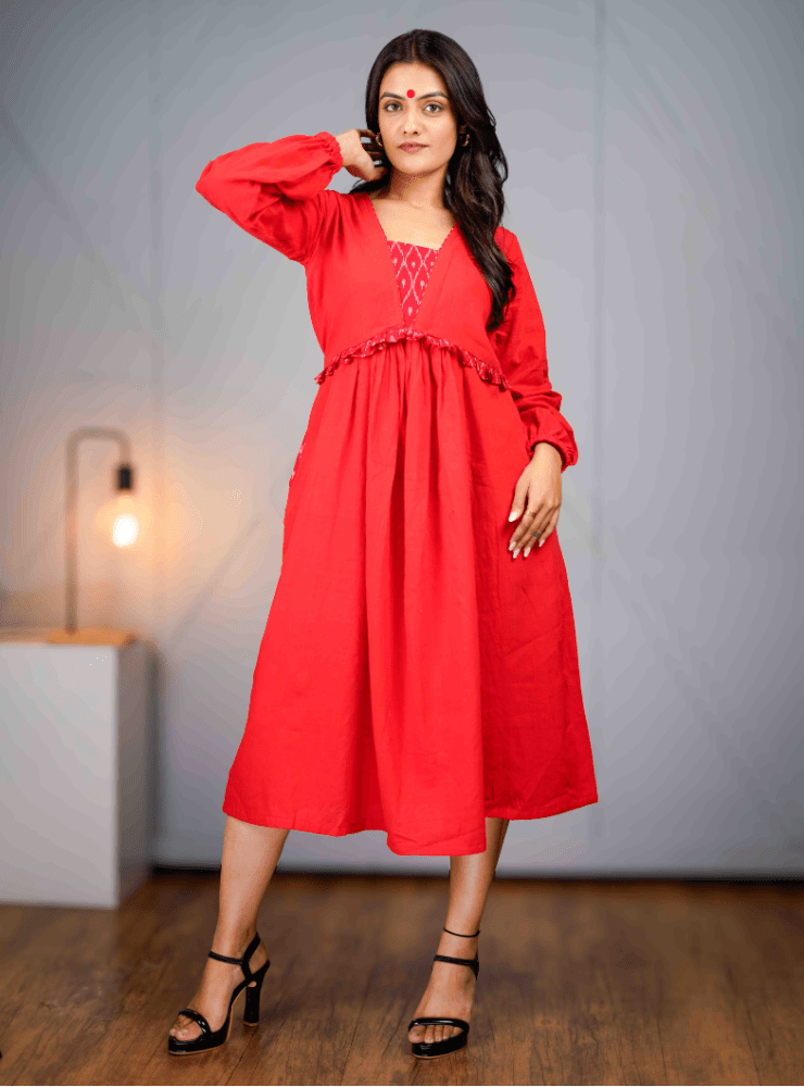 Heer Dress Red Handloom Cotton Midi Dress with Balloon Sleeves
