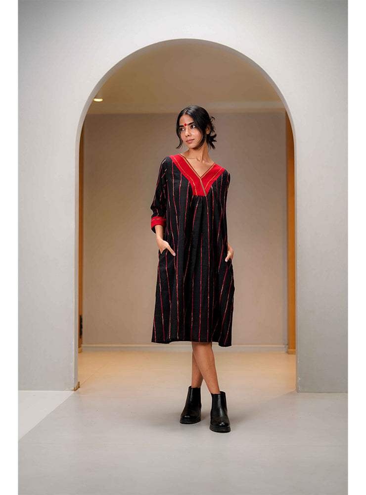 Handloom Cotton Black Khesh A-line Dress with Red Detailing
