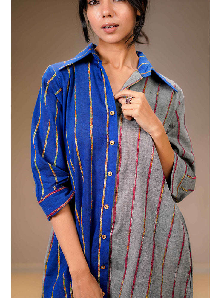 Grey and Blue Khesh Half-and-Half Shirt Dress