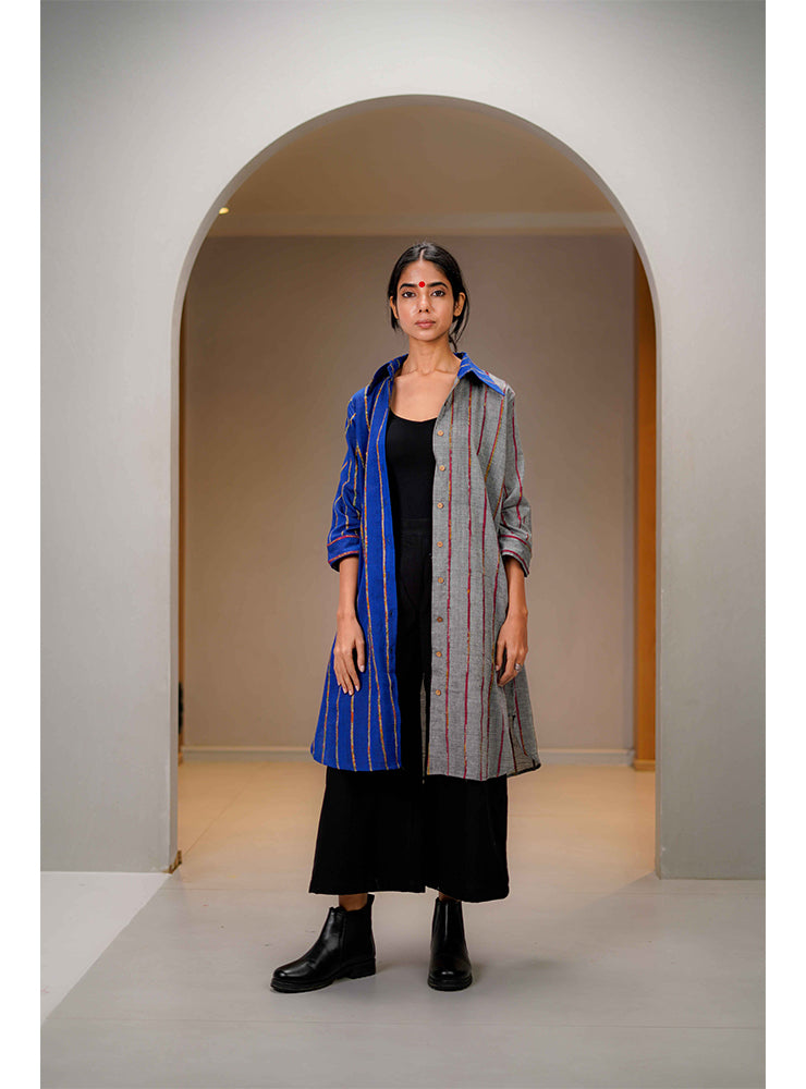 Grey and Blue Khesh Half-and-Half Shirt Dress