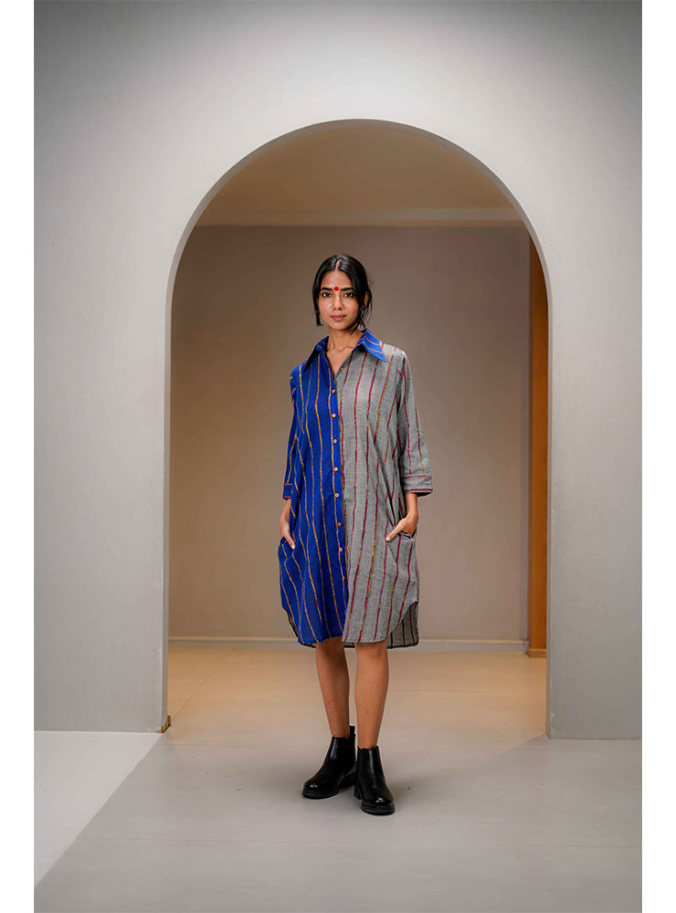 Grey and Blue Khesh Half-and-Half Shirt Dress