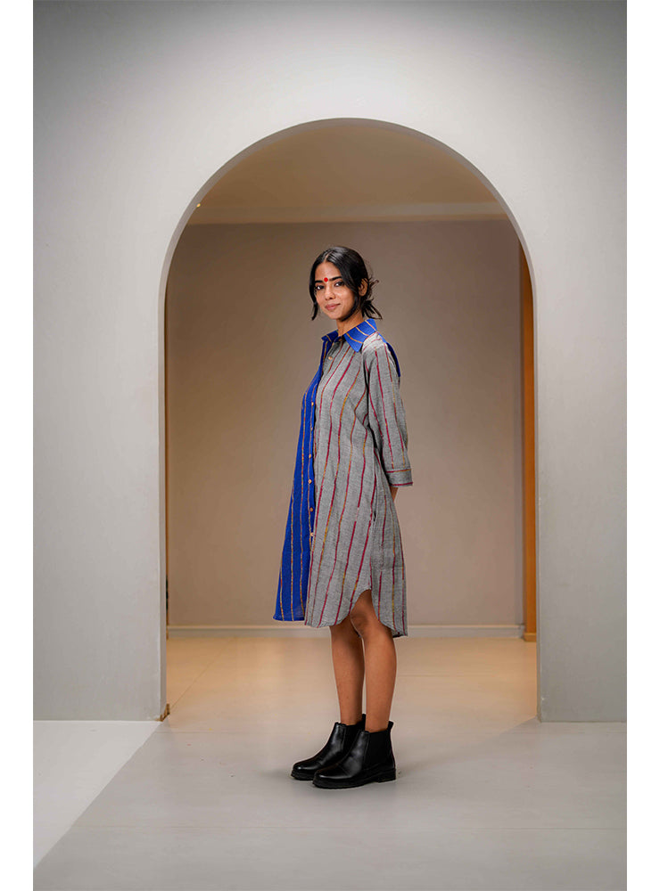 Grey and Blue Khesh Half-and-Half Shirt Dress