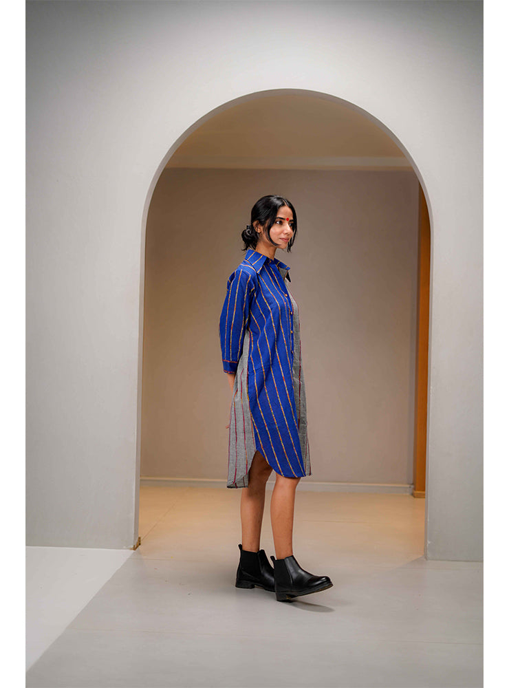 Grey and Blue Khesh Half-and-Half Shirt Dress