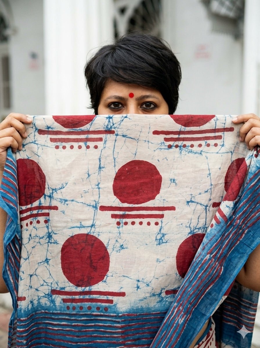 Neel Bindi Cotton Dabu Saree - Prathaa-weaving traditions