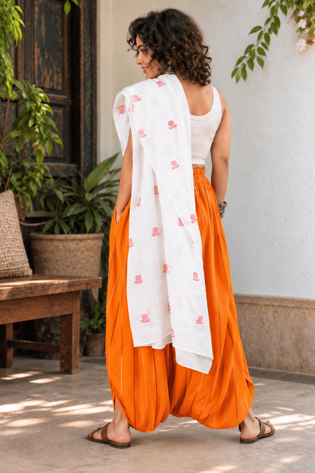 ORANGE Khesh cotton bindi dhoti saree - Prathaa-weaving traditions