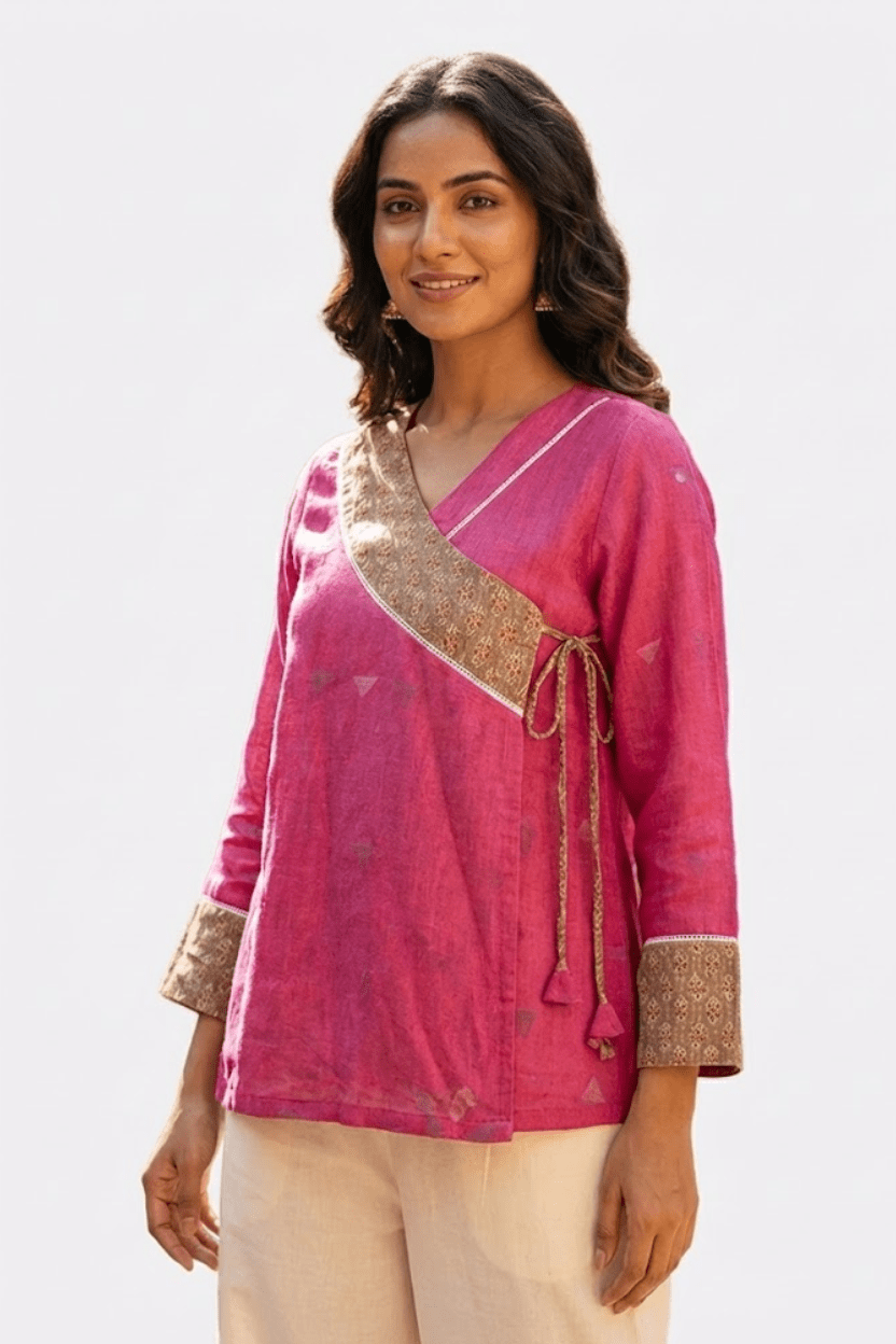 Pink Jamdani and Beige Kantha Angrakha Top - Prathaa - weaving traditions