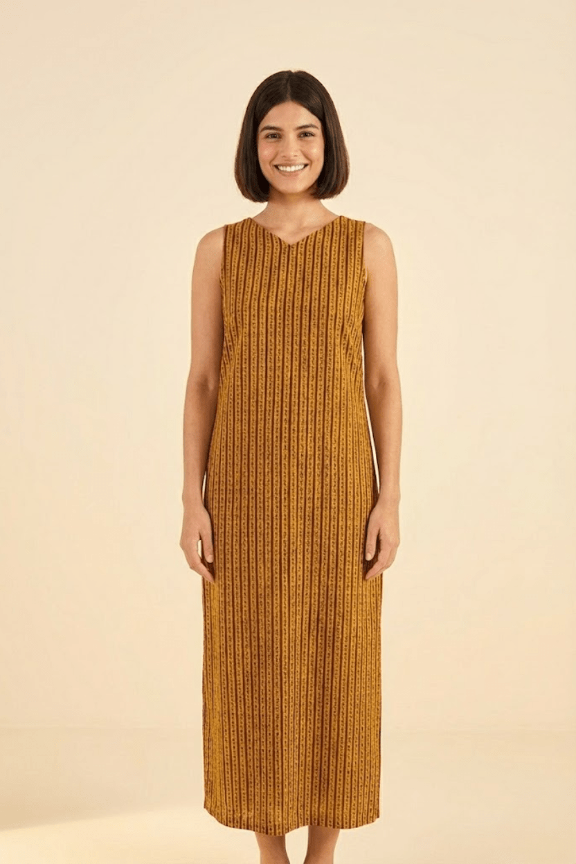 Red and Mustard half and half Cotton Tunic - Prathaa - weaving traditions