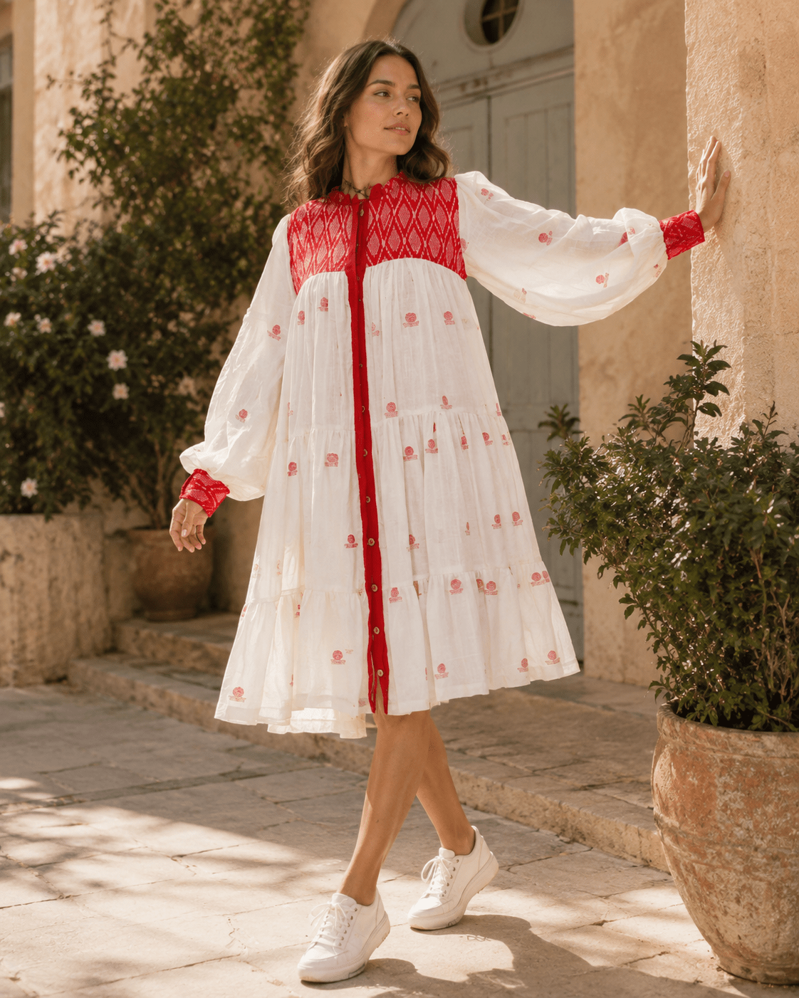 Red and White Jamdani Cotton Three Tier Debi Flare Dress - Prathaa-weaving traditions