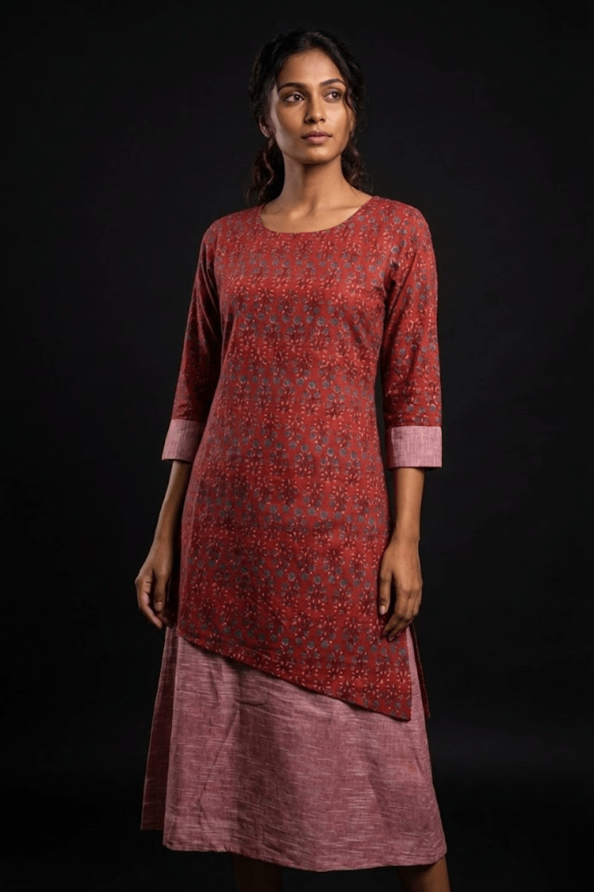 Red Asymmetric Layered Tunic Dress - Prathaa - weaving traditions