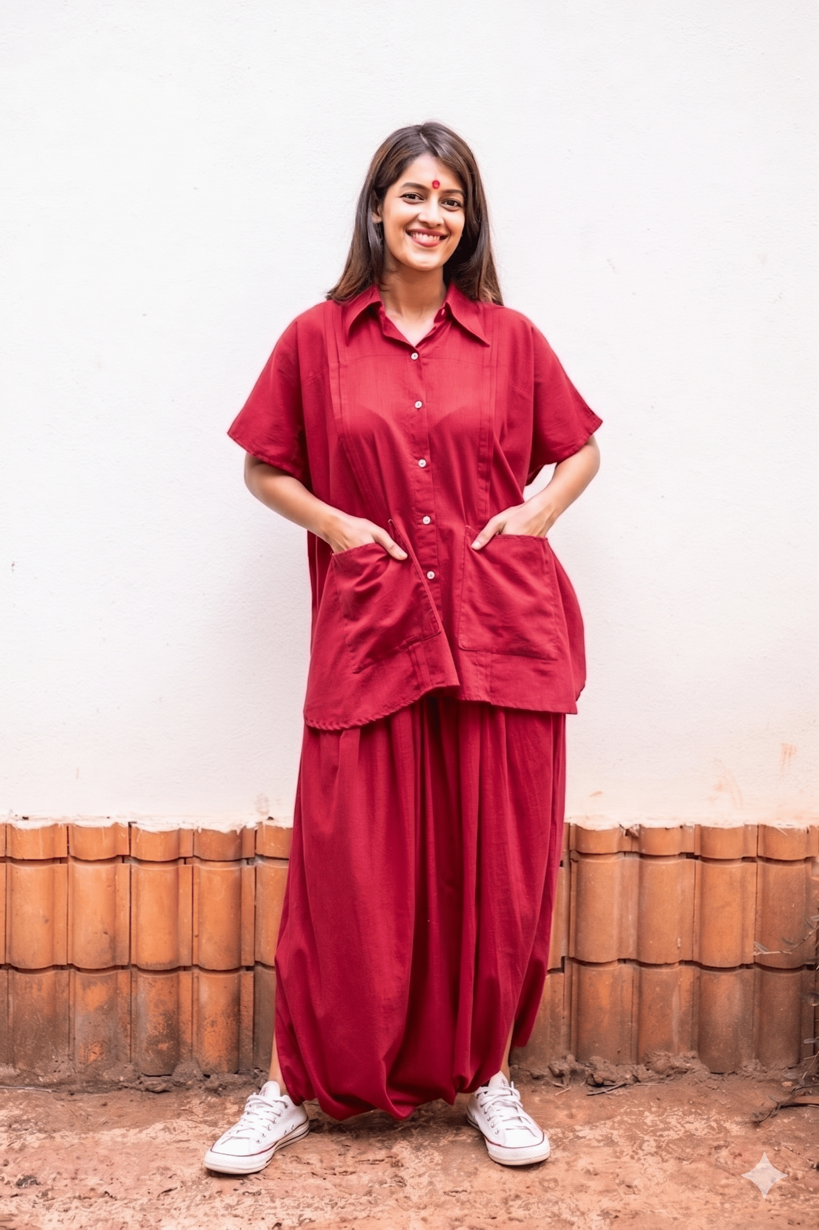 RED Cotton Relaxed Fit Aastey Kaftan Shirt - Prathaa - weaving traditions
