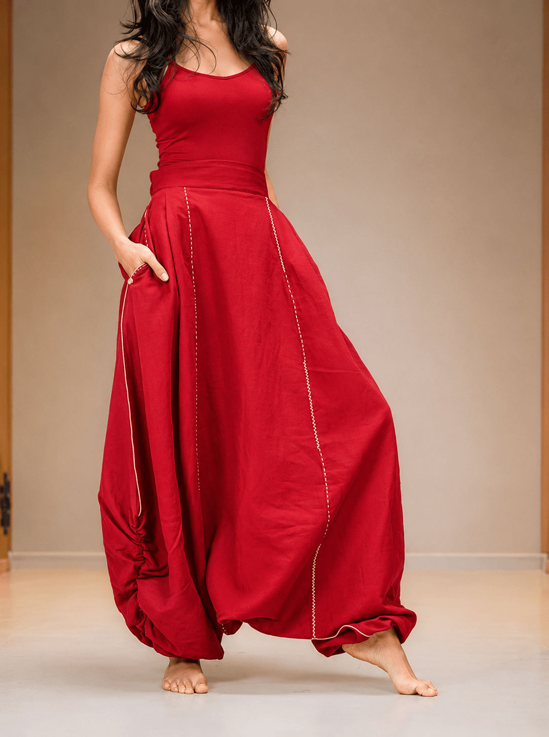 Red Handloom Cotton Unisex Harem Pants - Prathaa - weaving traditions