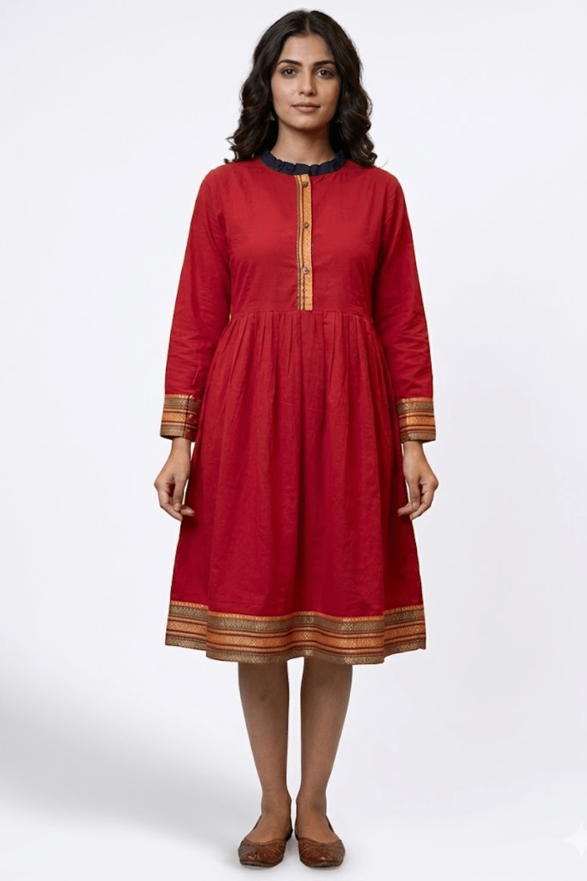 Red High Neck Cotton Tunic with Purple Frill - Prathaa - weaving traditions