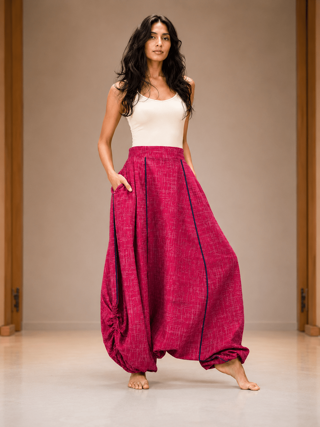 Red IKAT Handloom Cotton Unisex Harem Pants - Prathaa-weaving traditions