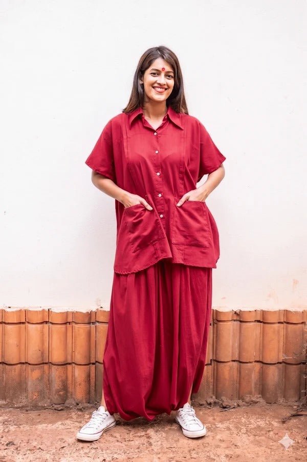 Red Mul Aastey Kaftan Dhoti Set - Prathaa - weaving traditions