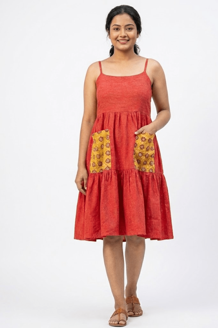 Red Handloom Cotton Tiered Dress with patch pockets