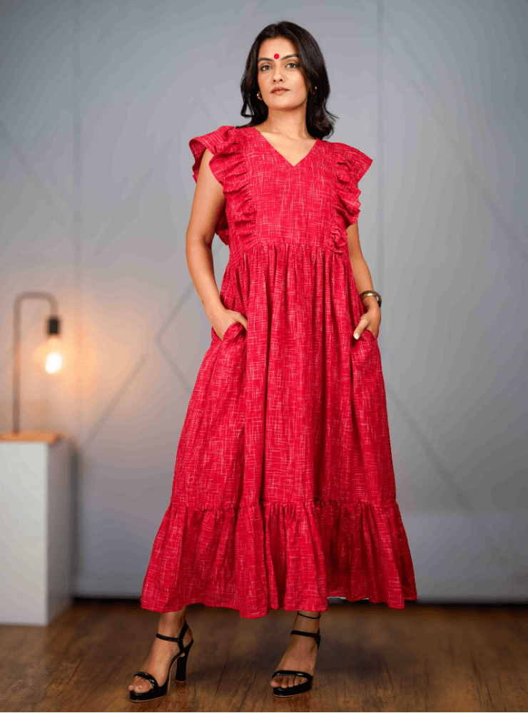 Rhea Dress Red Ankle-Length Handloom Ikat Dress Prathaa