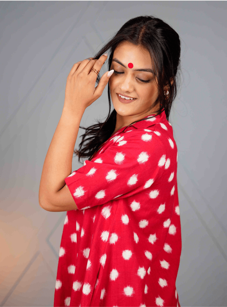 Rohana Dress | Red Ikat A - Line Dress with Notch Collar - Prathaa - weaving traditions