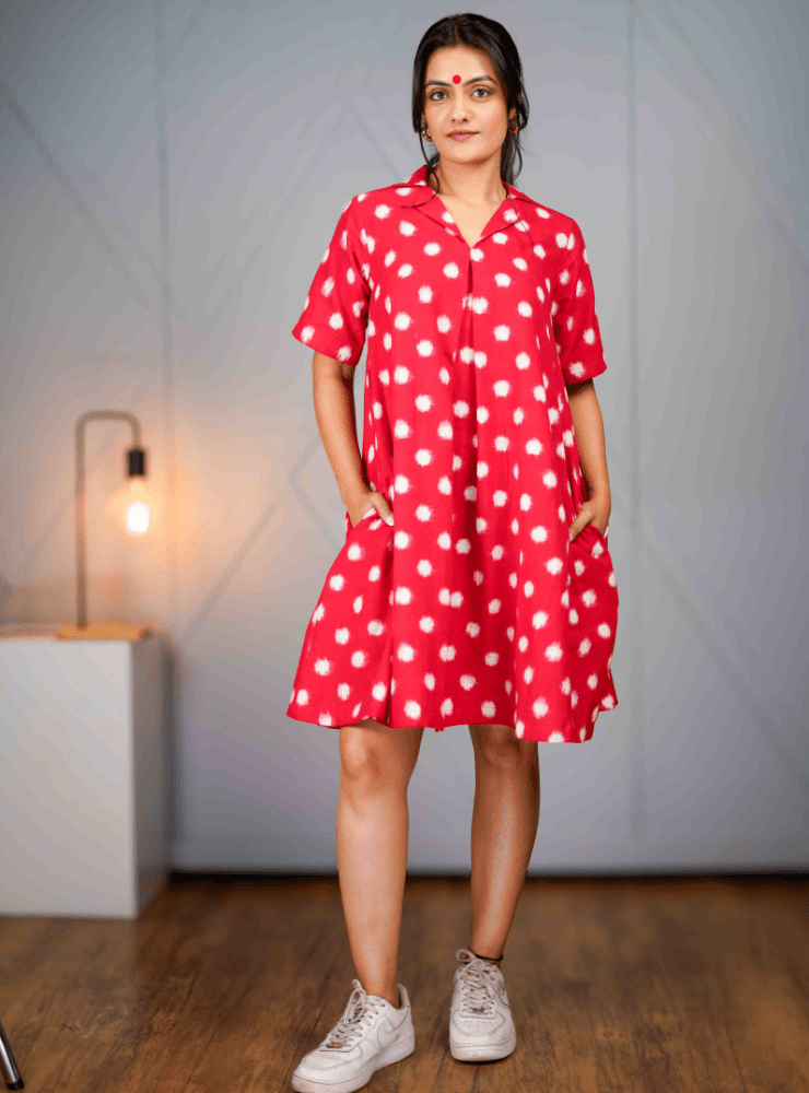 Rohana Dress | Red Ikat A - Line Dress with Notch Collar - Prathaa - weaving traditions