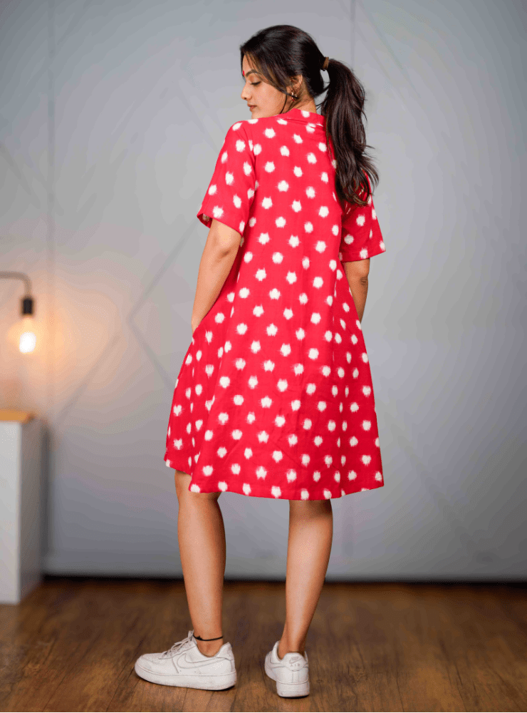 Rohana Dress | Red Ikat A - Line Dress with Notch Collar - Prathaa - weaving traditions