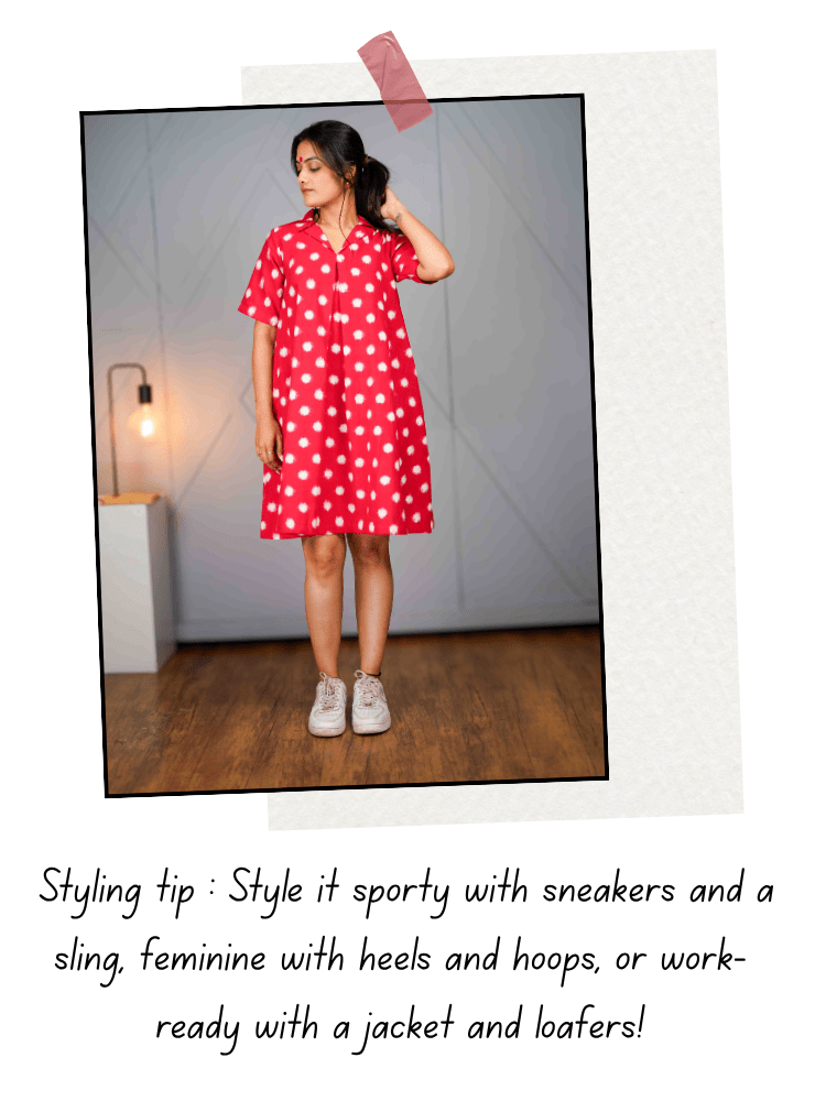 Rohana Dress | Red Ikat A - Line Dress with Notch Collar - Prathaa - weaving traditions